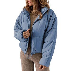 Women’s Blue 100% Polyester Warm Zip-Up Classic Quilted Puffer Jacket
